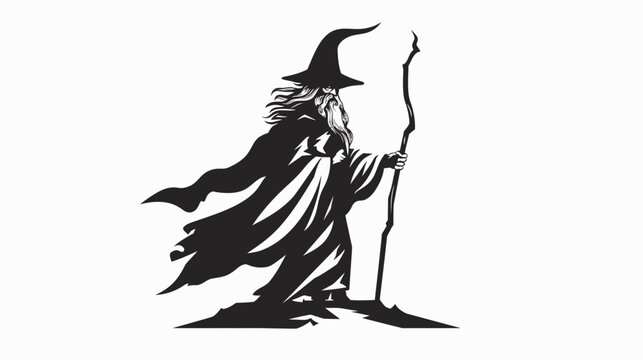 Wise wizard silhouette with staff and robe in black and white design