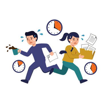 A man and woman rush frantically holding papers and a plant with clocks surrounding them.