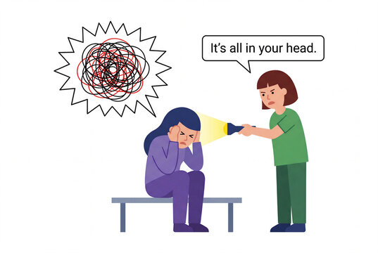 Conceptual illustration of gaslighting showing a woman holding a flashlight and saying it is all in your head to a confused person representing narcissism and psychological abuse.