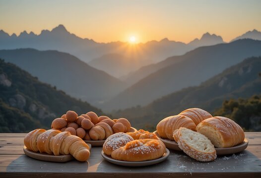 A selection of freshly baked artisanal breads and pastries displayed on a wooden surface at sunset. mountain baker