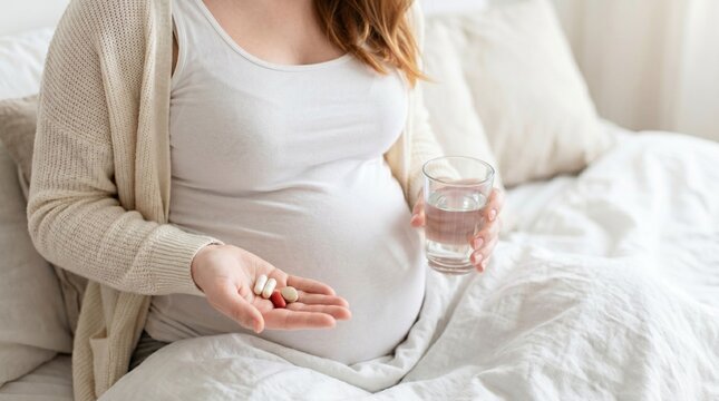 Pregnant woman sitting on bed holding glass of water and variety of prenatal vitamin capsules and pills in hand. Pregnancy health, maternity wellness, and prenatal care concept.