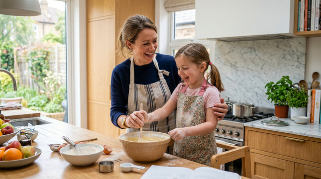 Madre e hija cocinando juntas en cocina moderna, riendo, luz natural, estilo lifestyle realista