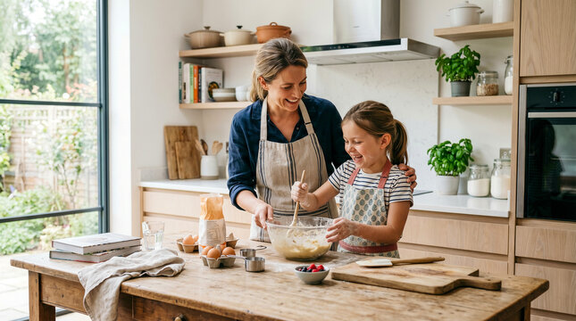 Madre e hija cocinando juntas en cocina moderna, riendo, luz natural, estilo lifestyle realista