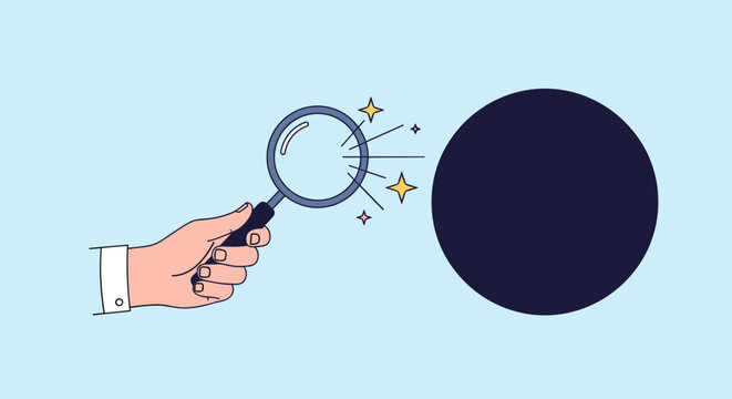 Illustration of a hand holding a magnifying glass over a large dark circle on a blue background for search, investigation, and focus concepts.