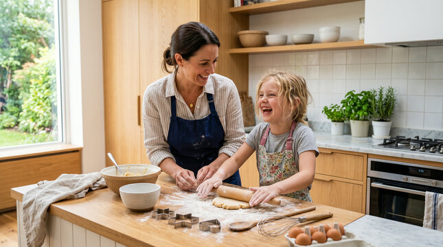 Madre e hija cocinando juntas en cocina moderna, riendo, luz natural, estilo lifestyle realista