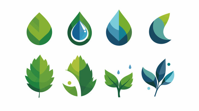 Abstract leaf and water drop graphic illustrations in diverse green and blue designs