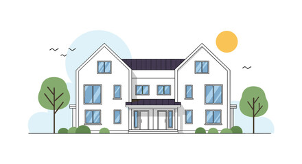 Fototapeta premium Simple flat illustration of a large modern white house with many windows, trees, birds, and a sun against a blue and white sky.