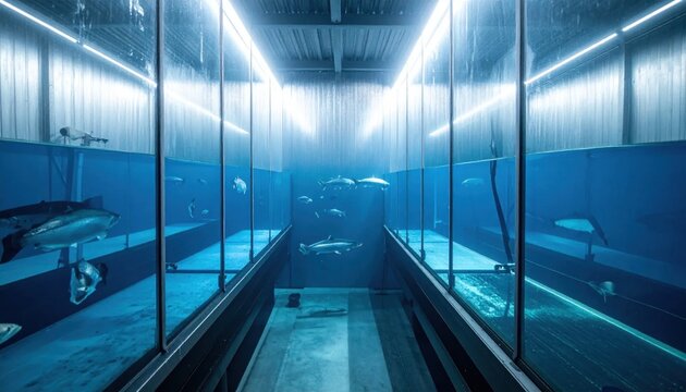 modern futuristic fish farm facility with glass tanks and blue led lighting, underwater aquaculture system, industrial pisciculture research environment