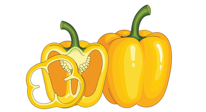 Fresh yellow bell peppers including a whole one and a sliced one with seeds on a white background for healthy cooking and food recipes.
