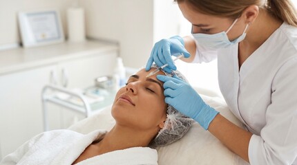 Fototapeta premium Professional cosmetologist injecting botox or dermal filler in young woman forehead. Anti-aging beauty treatment, facial rejuvenation and aesthetic medicine in cosmetic clinic.