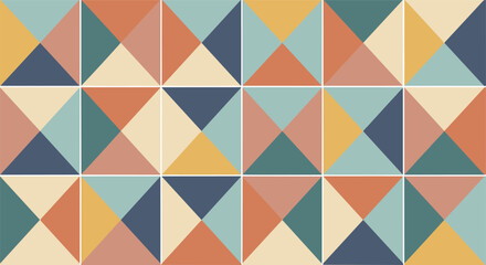 Fototapeta premium Colorful geometric pattern composed of interlocking triangles in shades of orange blue yellow and tan creating a modern tile design.