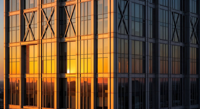 Golden hour sunlight reflecting on modern glass and steel skyscraper facade