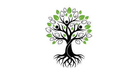Obraz premium Abstract tree illustration with human figures and leaves against a white background