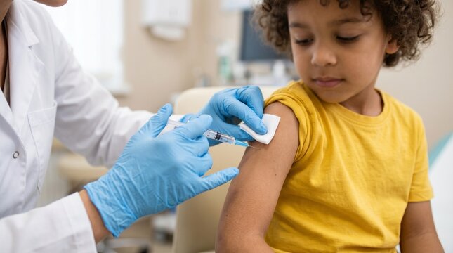 Professional pediatrician giving vaccine injection to brave little boy in shoulder at clinic. Childhood immunization, flu shot, healthcare prevention, and pediatric medicine concept.