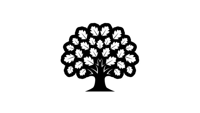 Black and white vector illustration of a stylized oak tree on white background