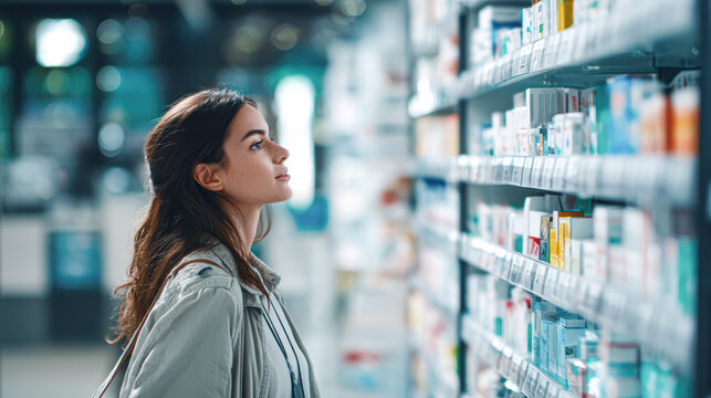 A woman thoughtfully browses a pharmacy aisle, looking at medicine and health products on the shelves.