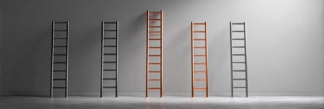Professional Business Concept of Success and Career Growth Featuring a Tall Orange Ladder Standing Out Among Shorter Grey Ladders Against a Minimalist Wall Background