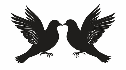 Fototapeta premium Silhouetted doves touching beaks against white backdrop for peace concepts