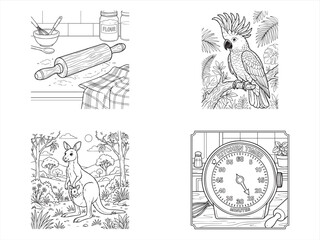Australian animal icons, coloring book illustrations, vector set of 4 © MDMANIK
