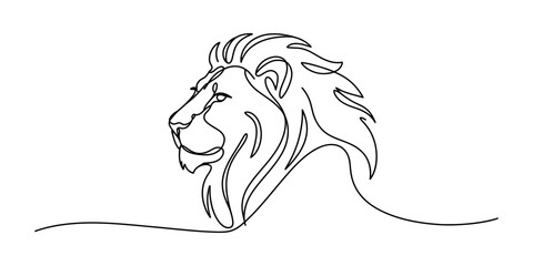 Minimalist continuous line drawing of a majestic lion head profile with a flowing mane © Vector Art Gallery 