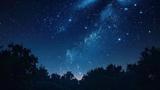 Night sky ablaze with countless stars, visible above silhouetted treetops in a deep blue twilight