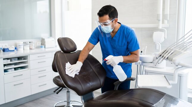 Healthcare worker sanitizing dental chair with spray and wipe. Professional disinfection protocol in modern dentist office for infection control and clean medical environment.