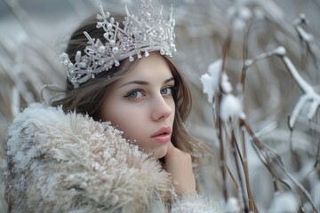 Fototapeta premium Snow queen wearing silver crown and fur coat posing in snowy forest during winter