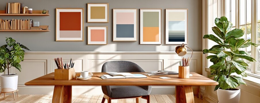 Sunlit modern home office desk with stationery, open notebook and framed abstract art