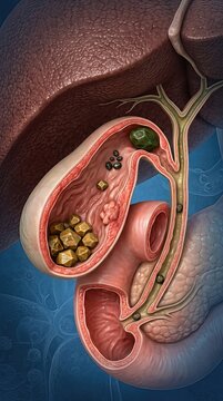 Human anatomy showing gallbladder disease, cholelithiasis with multiple gallstones, obstructed bile duct, digestive system pathology, medical concept of a painful condition
