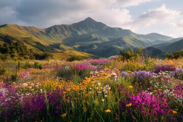 Fototapeta premium Colorful wildflowers field with mountains in background
