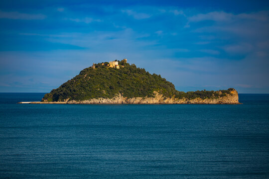 Gallinara Island, Ligurian coast, in the Riviera di Ponente, municipality of Albenga, Province of Savona, Liguria. Nature reserve in the Ligurian Sea