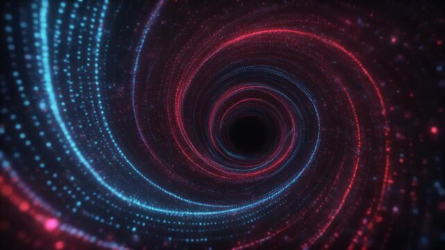 Abstract digital vortex with glowing red and blue particles swirling in a dark space for futuristic technology backgrounds