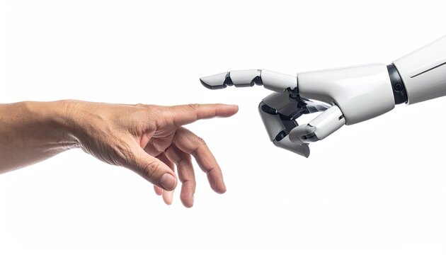 Human finger almost touches robot hand against a bright white background