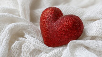 Fototapeta premium A shiny red heart covered in golden dust rests on delicate white fabric with a soft blurred background.