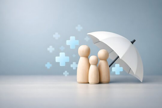 Family figures under umbrella symbolizing health insurance coverage, medical protection, and financial support for healthcare and wellbeing.
