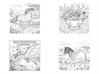 Coloring book pages, horse, pterodactyl, fruit bowl, illustrations, black and white, vector set © MDMANIK