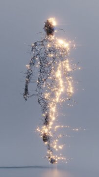 A luminous human outline filled with radiant, golden neural patterns against a dark background