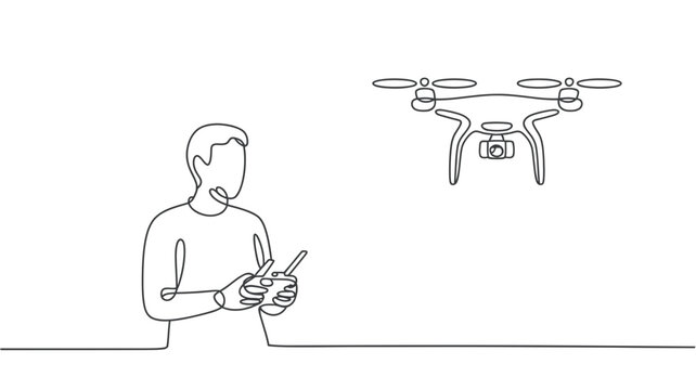 Man operating drone with remote control aerial photography concept simple line art illustration