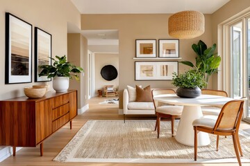 Fototapeta premium Bright neutral living room with wooden sideboard, round dining table and woven rattan accents