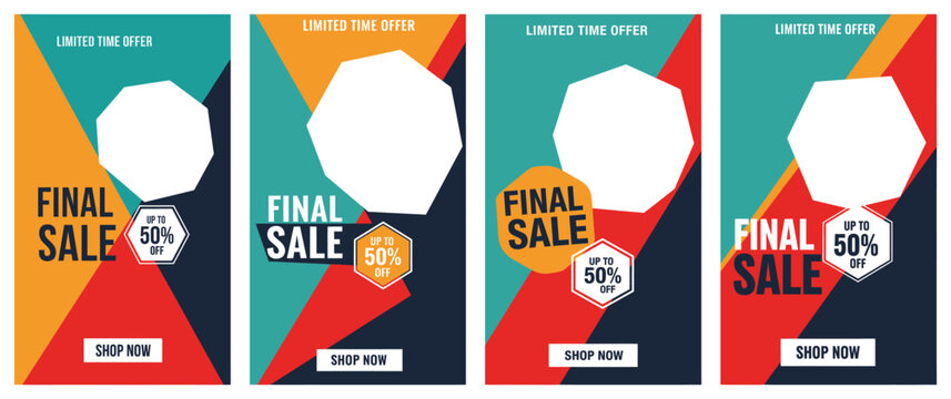 Four colorful sale posters with geometric shapes are displayed side by side on a plain background for marketing purposes.