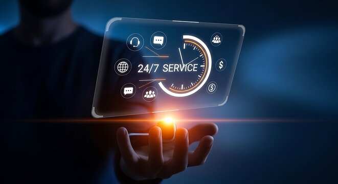 A man holding a tablet with a 247 service interface on the screen in his hand with glowing effect