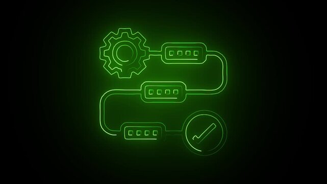Futuristic Green Neon Workflow Animation: Glowing HUD Process Map with Rotating Gear and Completion Checkmark, High-Tech Digital Flowchart for Business Automation, AI Logic, and Software Development