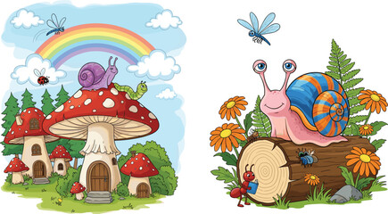Fantasy mushroom house and cute snail cartoon vector illustration with rainbow forest scene isolated on white © Mifta
