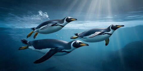 Obraz premium Three penguins swimming gracefully underwater in clear blue ocean with sunlight beams, showcasing natural agility, wildlife beauty, and aquatic adaptation