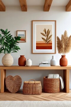 Minimal boho entryway with wooden frame art, wicker baskets and natural decor on a console table
