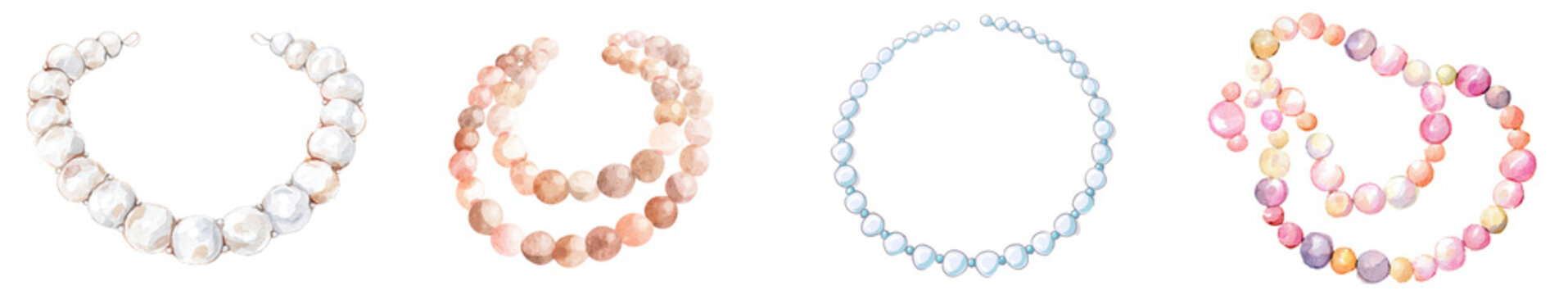 Watercolor beaded jewelry set illustration with pearl necklace, pastel gemstone bracelets and colorful beaded accessories