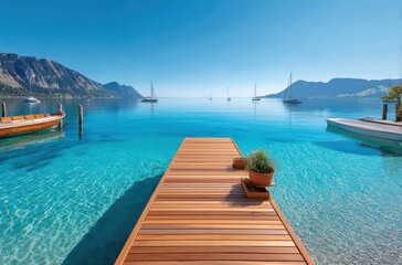 Obraz premium Wooden dock leading into clear blue water of Lake Attersee with boats and alpine mountains