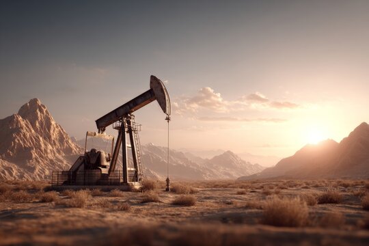 Petroleum harvest: extraction in harmony with the desert's silent majesty. Rule thirds. Diligence in the desert: an unchanging oil pump jack amid arid majesty. Bright colors. Copy space.