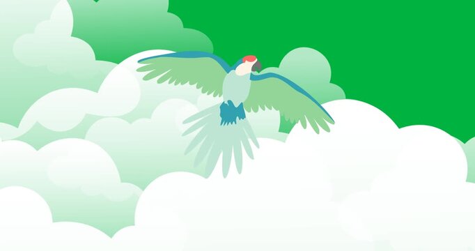 Digital animation of parrot bird icon flying against clouds icons on black background