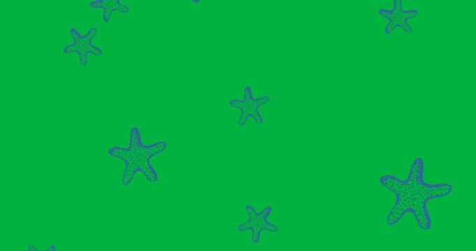 Digital animation of multiple star fish icons falling against black background